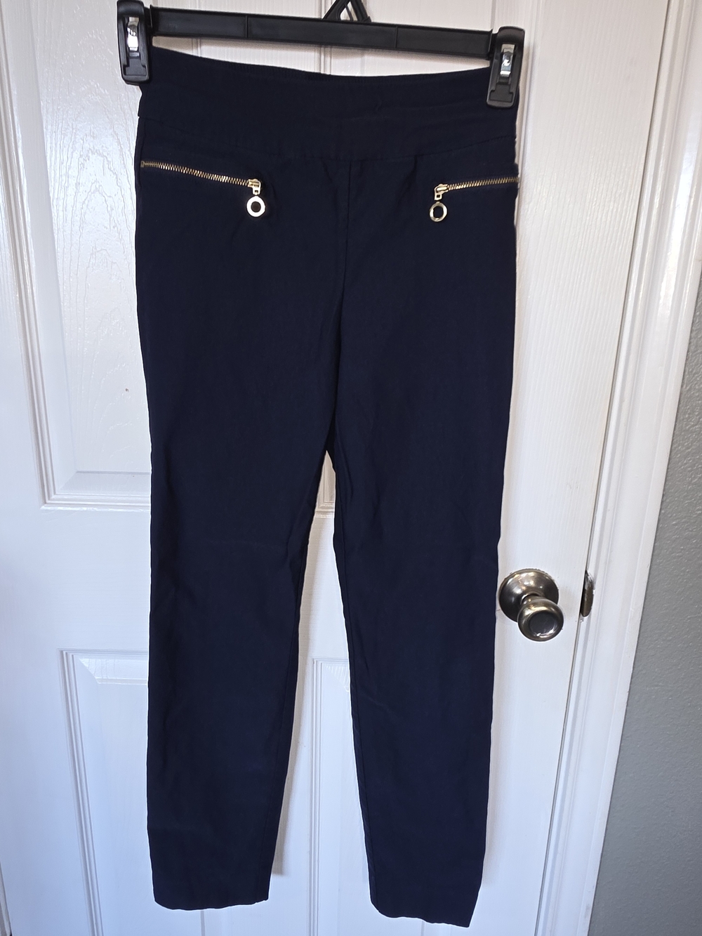 Susan Graver Navy Ponte Skinny Pants with Gold Zipper Accents